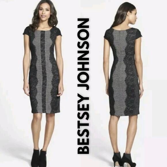 Betsey Johnson Sheath Dress 6 Gray Black Tweed Cap Sleeve Lace Trim Cocktail - Picture 1 of 7
